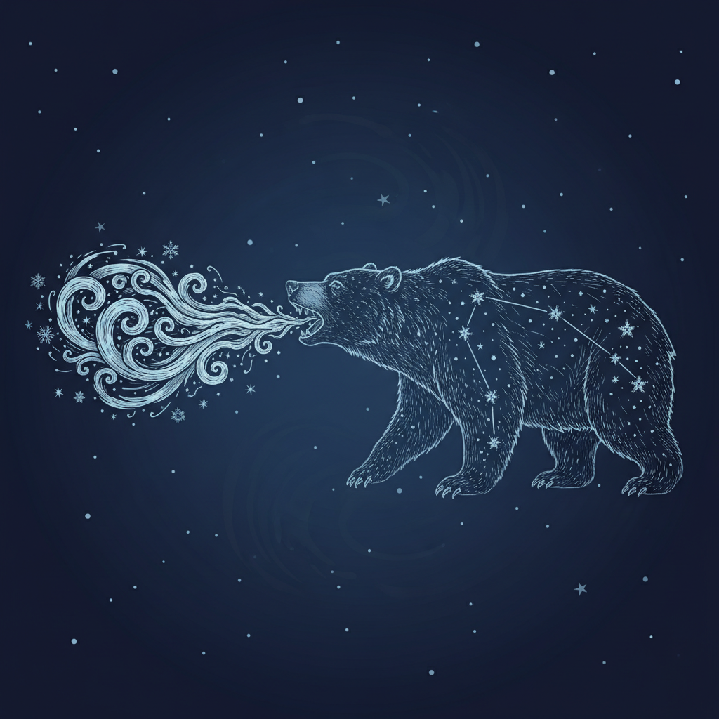 Artistic illustration of a constellation bear blowing cold icy wind, dark blue and white tones, vintage engraving style