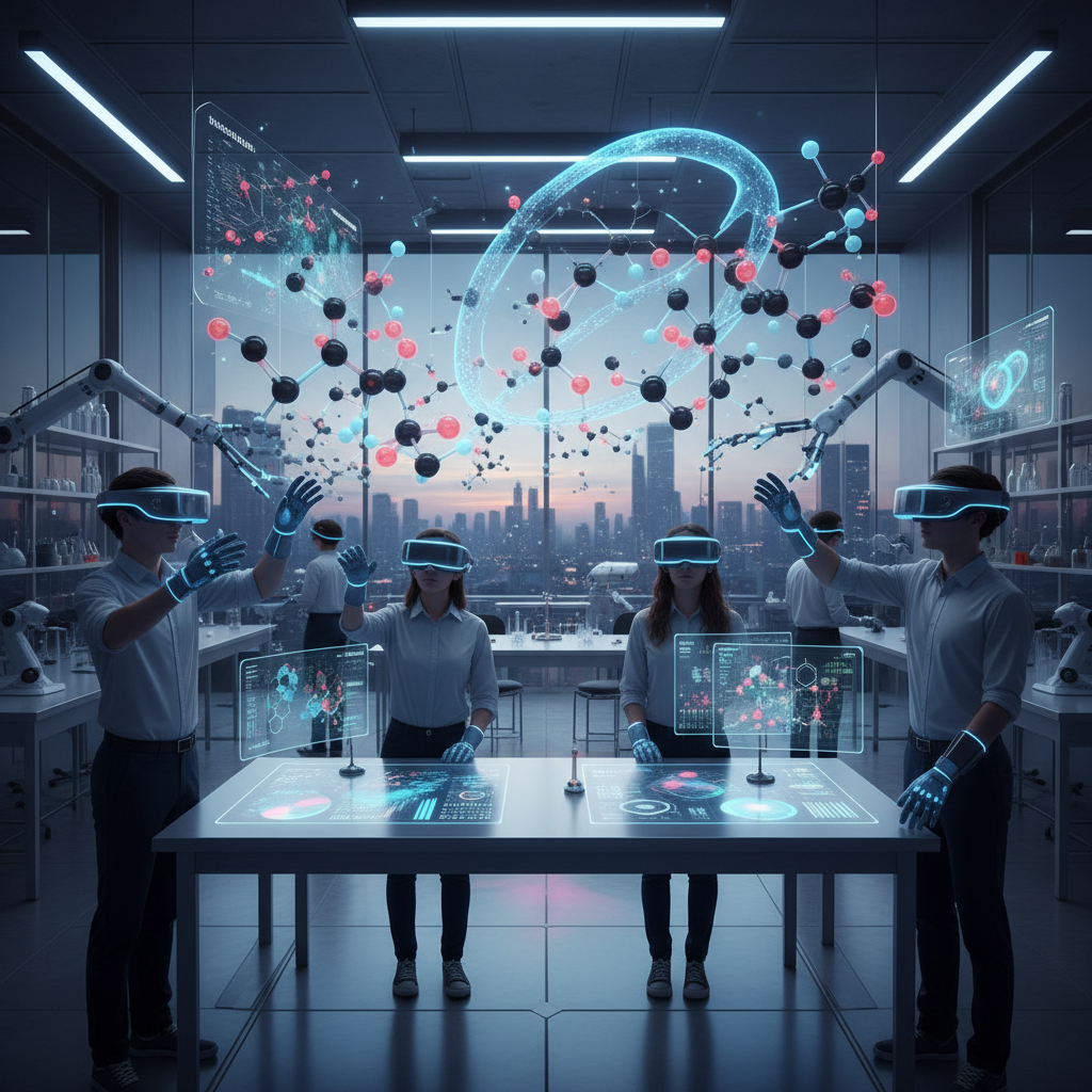 Students using VR headsets in a chemistry lab, interacting with floating molecules, futuristic education setting, photorealistic