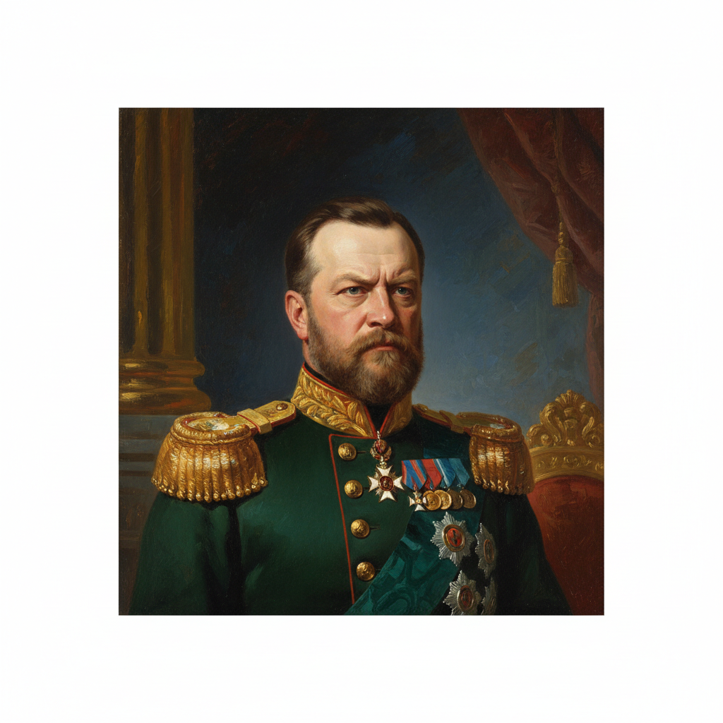Portrait of Tsar Alexander III of Russia looking stern, uniform with epaulettes, oil painting style