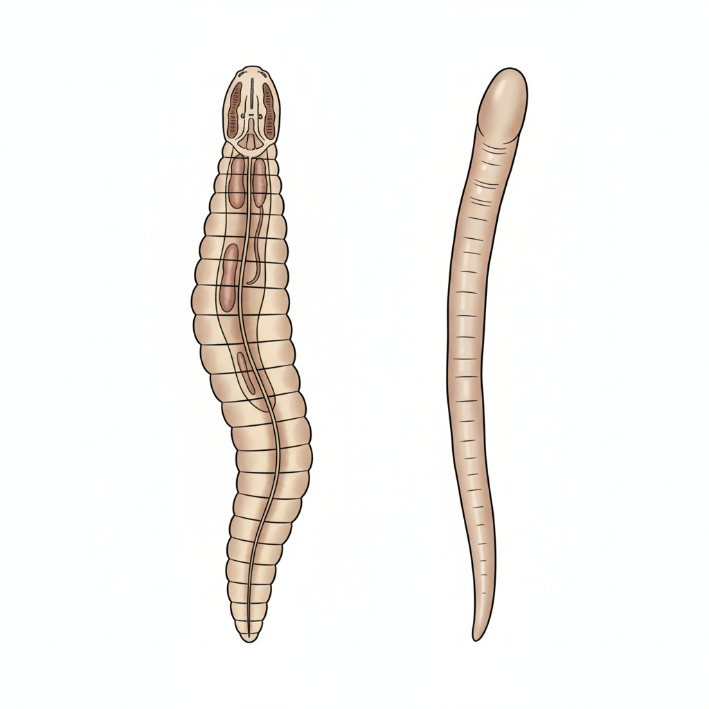 Scientific illustration comparing a tapeworm (flat, segmented) and a roundworm (cylindrical), biological diagram style, white background, clean lines