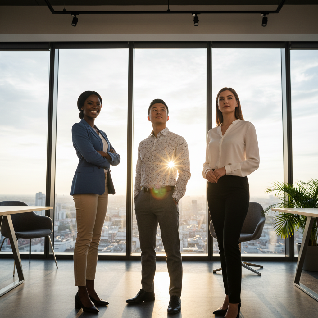Low angle shot of three diverse professionals in business casual attire standing confidently in a modern glass office, looking towards a bright future, corporate photography style