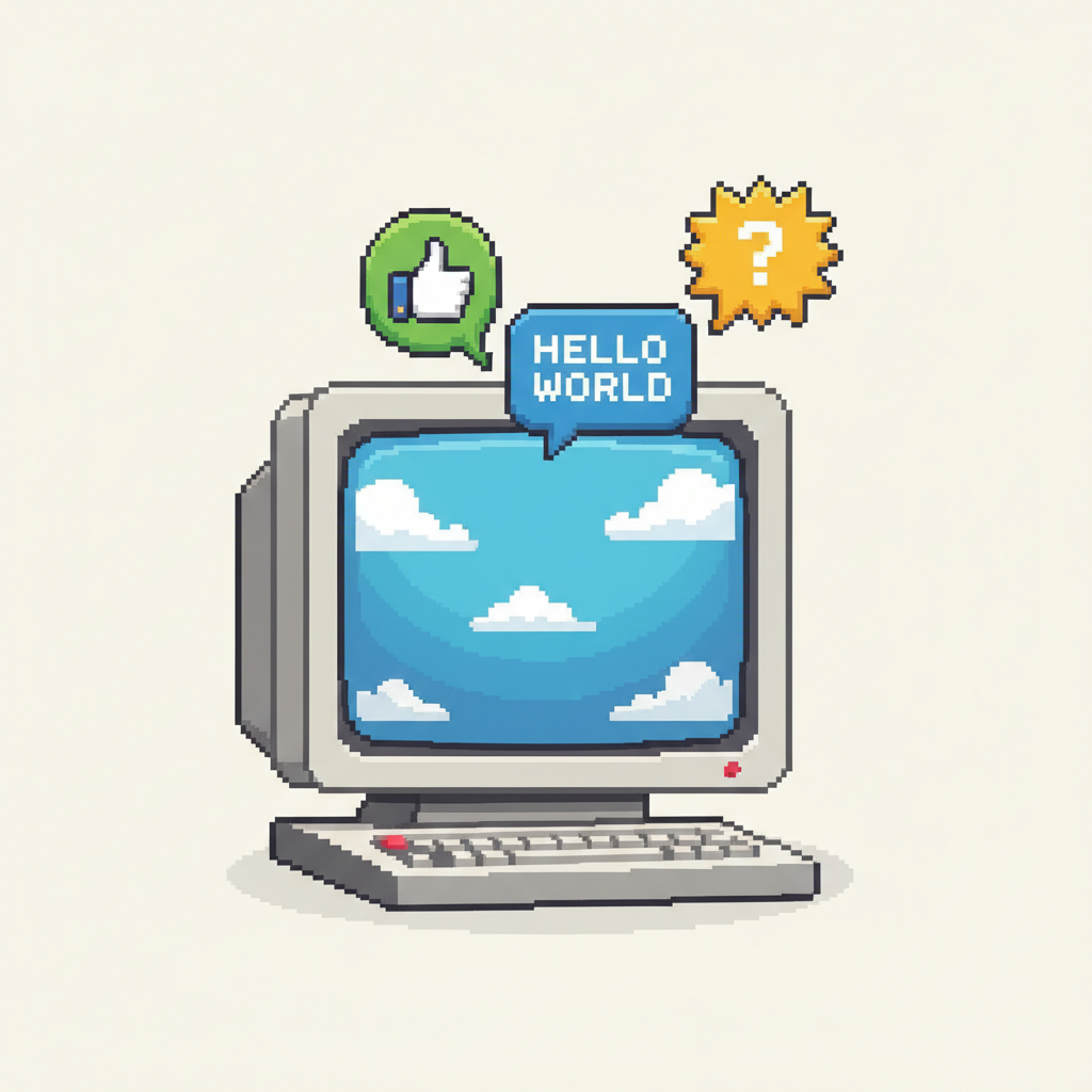 Pixel art computer screen with chat bubbles coming out