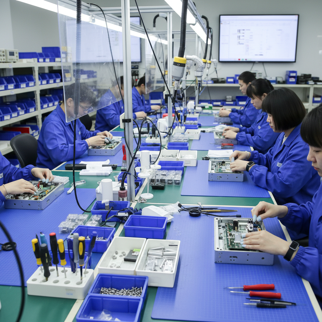 Workers assembling electronic devices in a 'box build' assembly area, blue anti-static mats, organized workspace