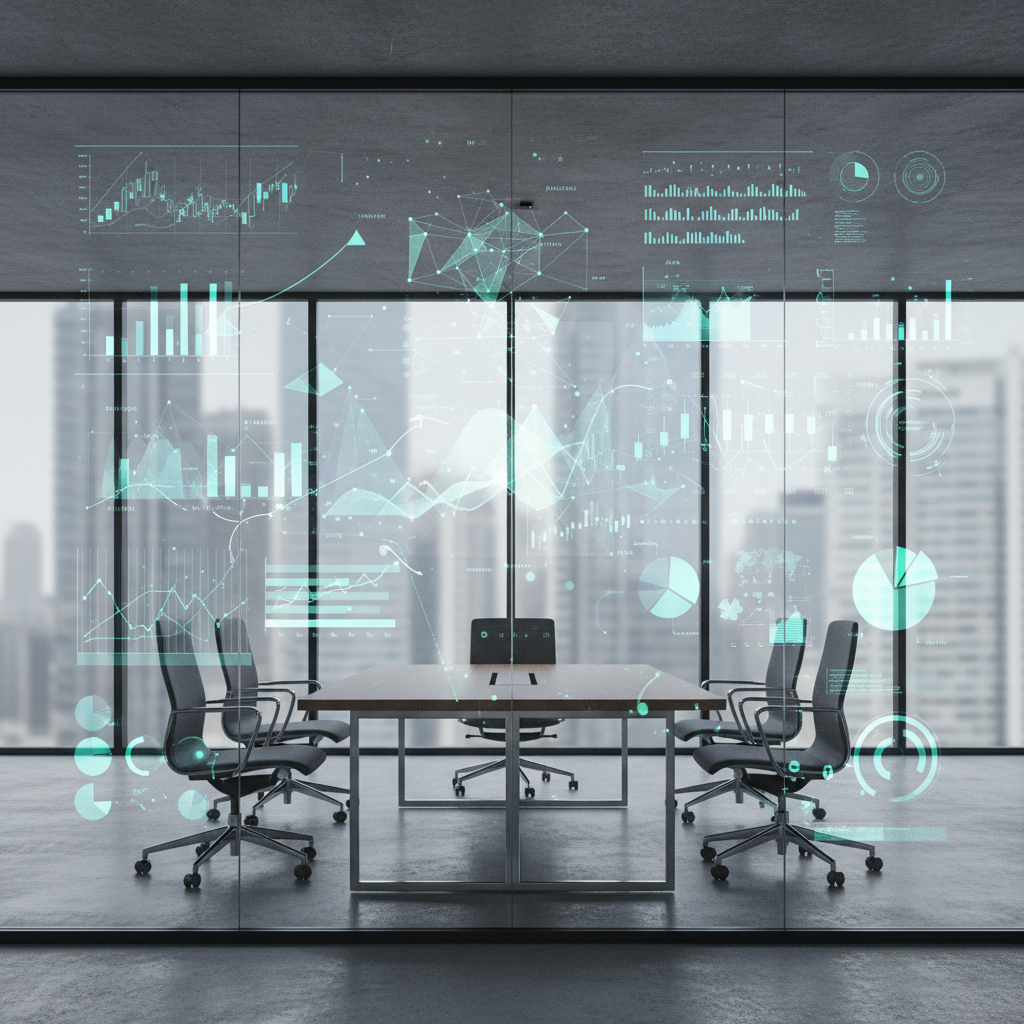 diagrams and analytics projected on a modern glass wall in a meeting room, business analysis concept, 3d render