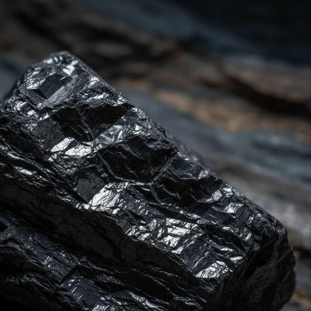 Macro close-up strictly of raw shiny black anthracite coal texture, dramatic lighting, high contrast, dark atmosphere, abstract geology background, 8k resolution, cinematic.
