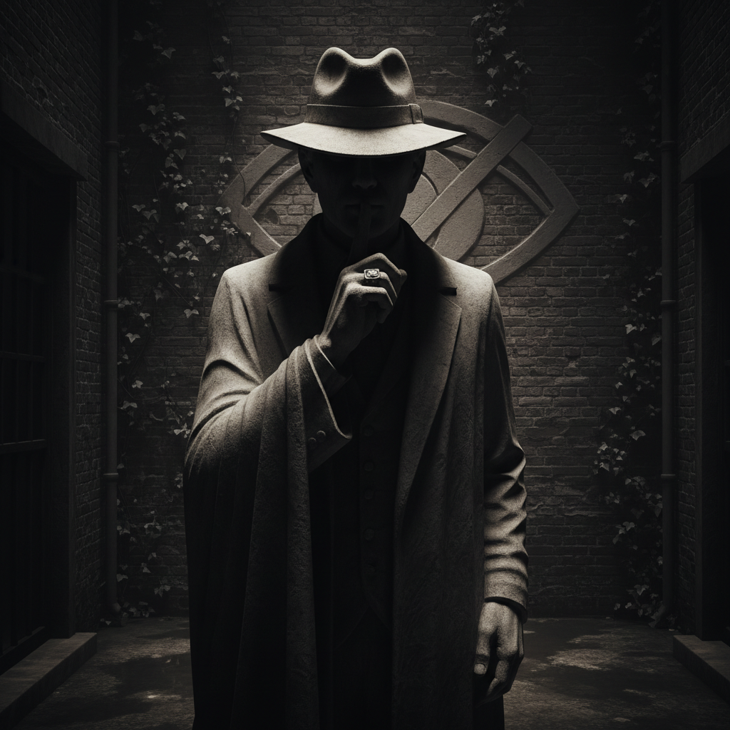 A statue with finger on lips shushing, dark shadows, symbol of silence, mafia aesthetic