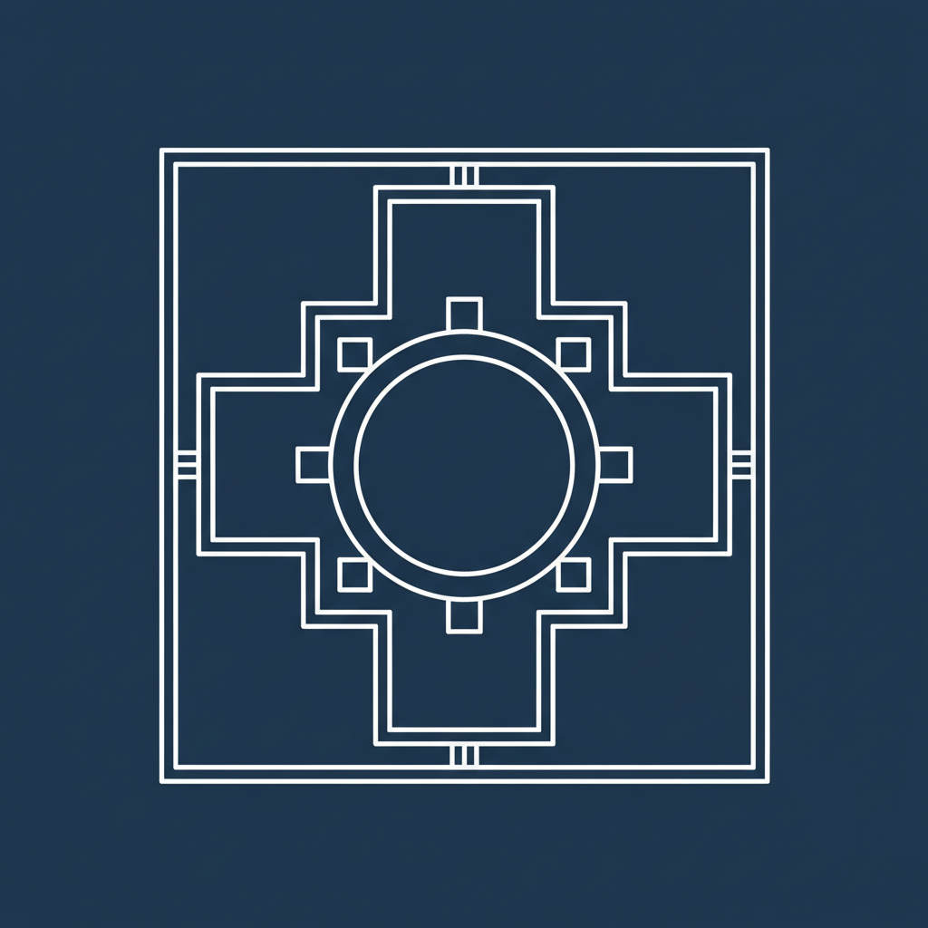 Top-down orthographic architectural plan of a Cross-in-Square church, thick walls, central dome circle, four supporting points, clear geometry, white lines on dark blue blueprint background