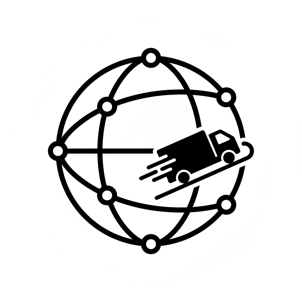 simple black icon of connected nodes or a globe with delivery truck, vector style, white background