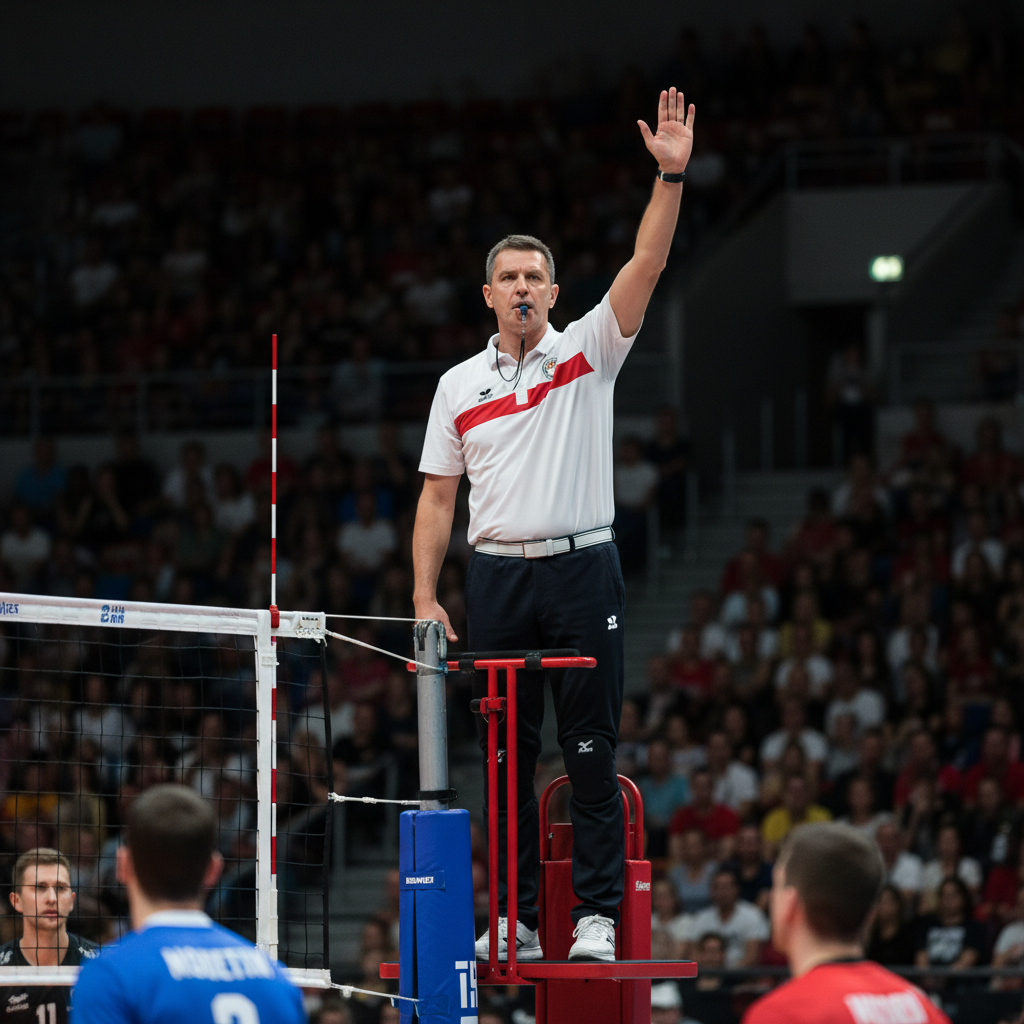 realistic photo of a volleyball first referee on the stand blowing a whistle, serious expression, professional uniform, stadium background