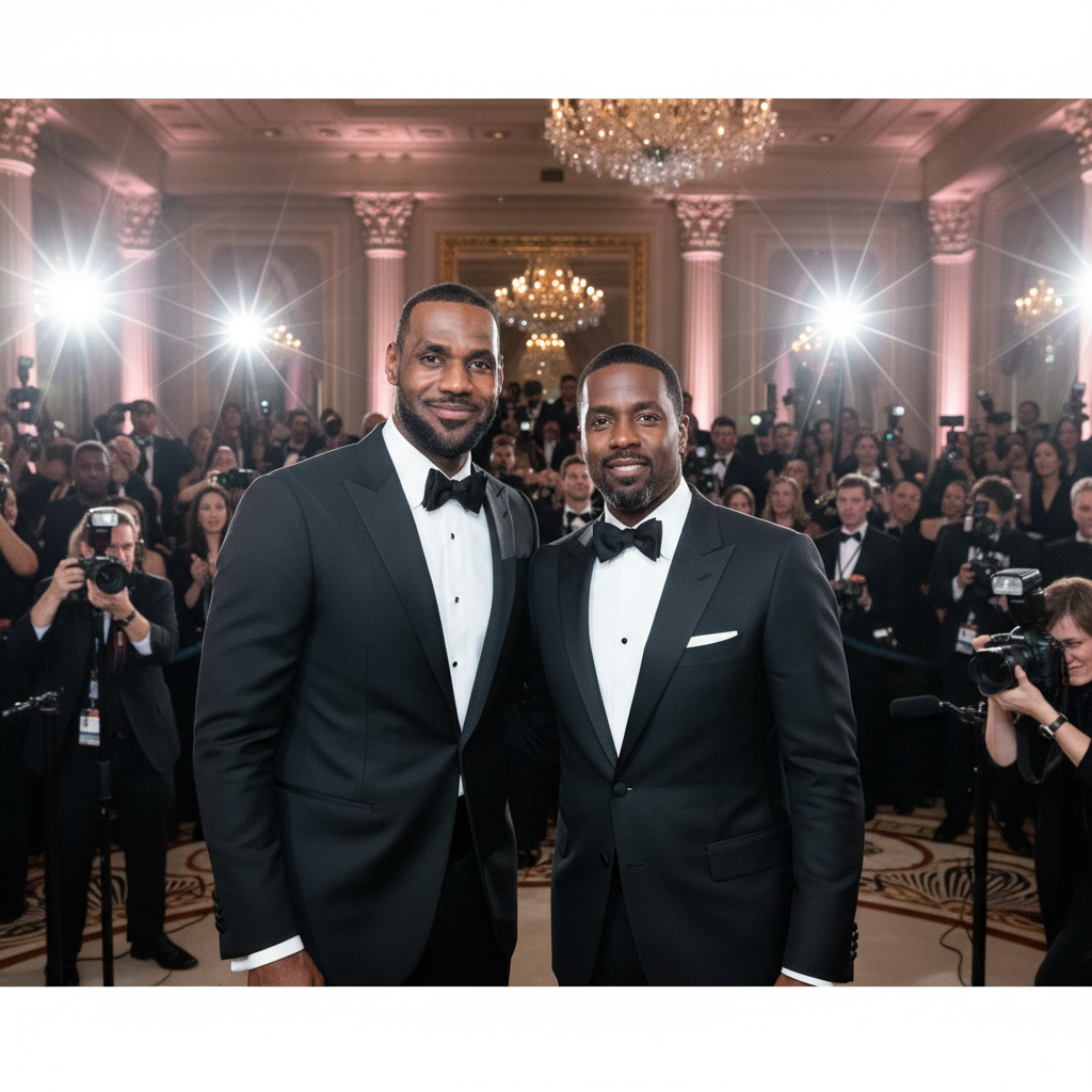 LeBron James standing next to Sean Diddy Combs at a formal event, tuxedos, smiling at camera, paparazzi flash