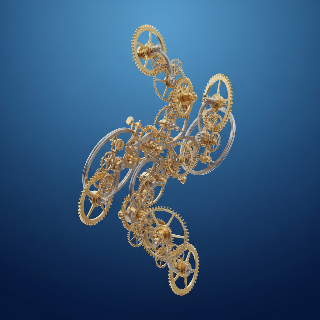 3D render of a precise clockwork mechanism or gears turning smoothly, representing a perfect process, gold and silver metallic on blue background