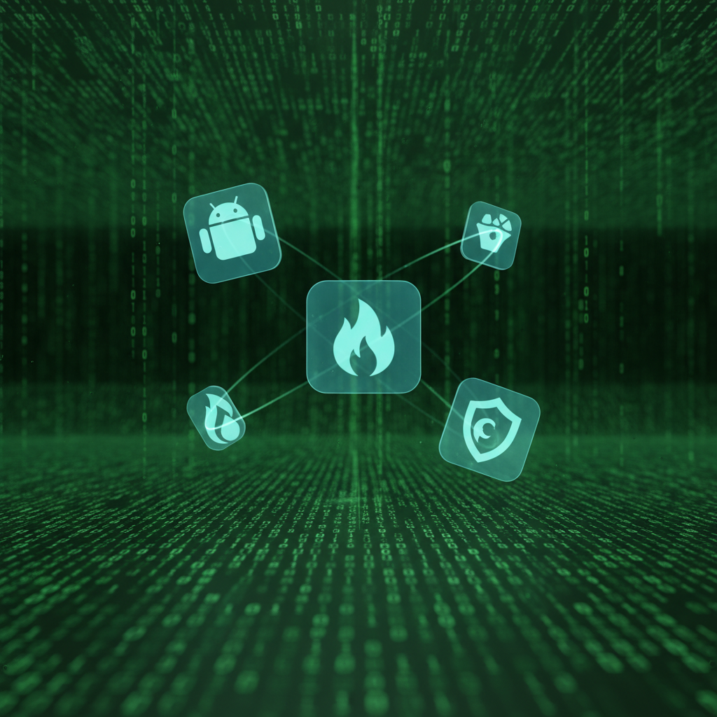 Abstract technology arrangement, floating icons for Android logo, Firebase flame logo, and shield icon, digital green matrix background, clear and modern