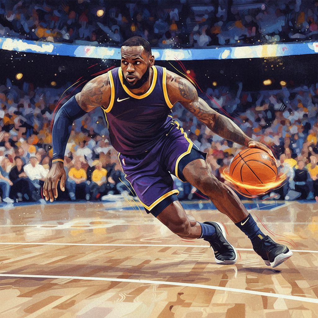 LeBron James dribbling basketball low to ground, motion blur, artistic style
