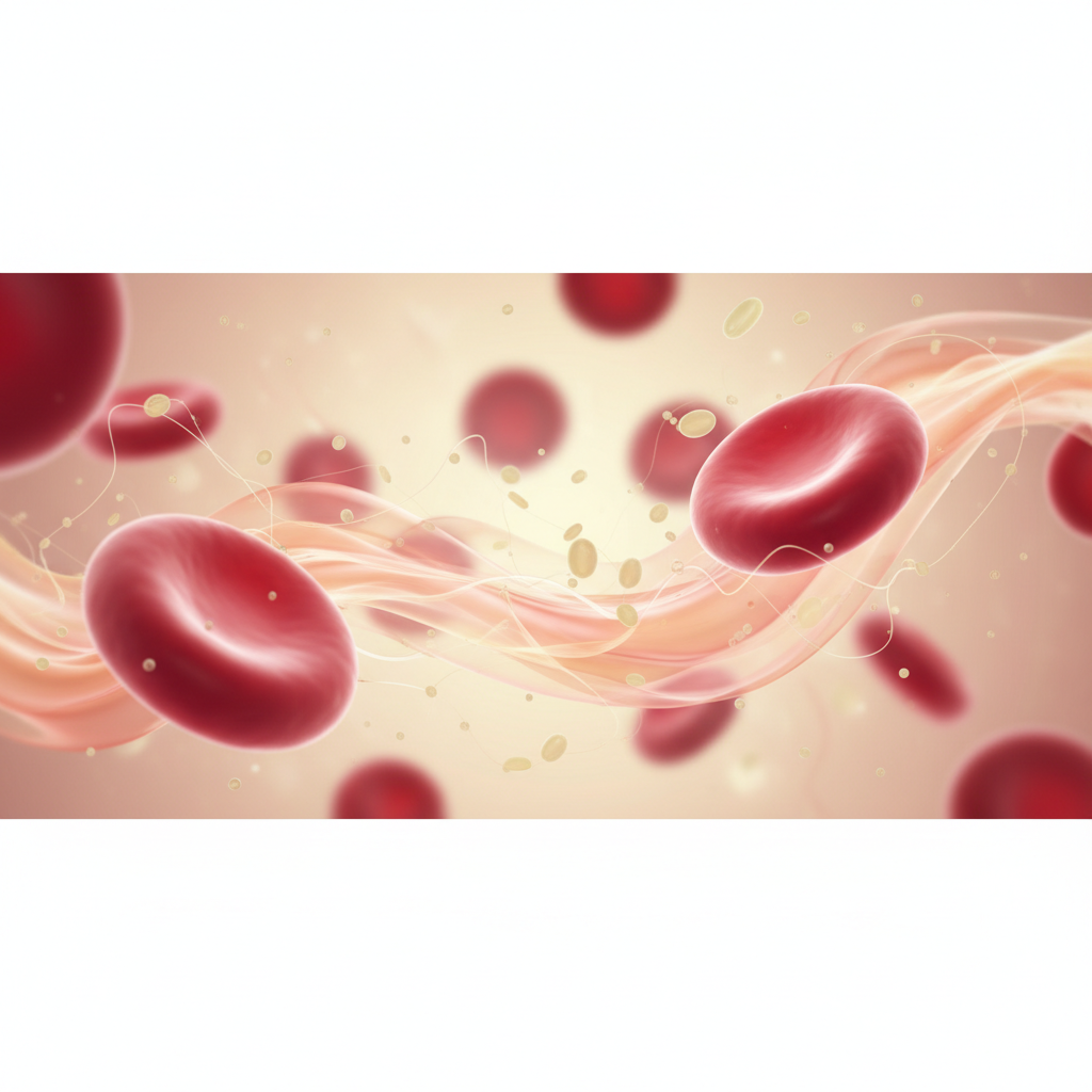 Abstract medical background with soft focus red blood cells and plasma, scientific illustration, high quality, light elegant style