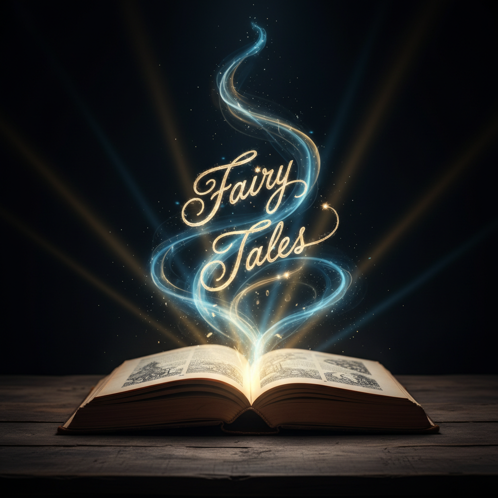 An old open storybook with magical glowing text, representing the definition of fairy tales, dark background, cinematic lighting