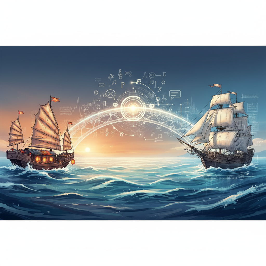 An artistic bridge connecting a Chinese junk boat and a western ship, symbolic of language connection