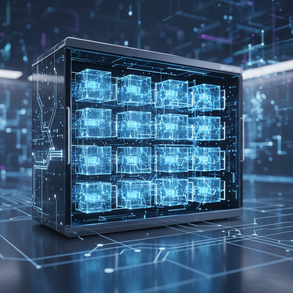 Futuristic 3D illustration of glowing blue cubes organized neatly on a server rack, representing data management, high tech, clean digital art