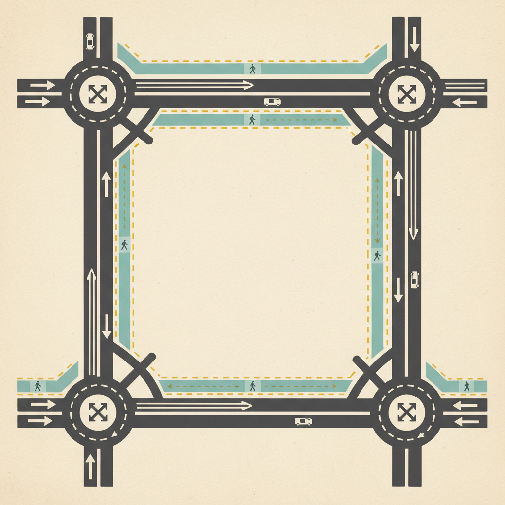 sketch of street arrows showing car direction and pedestrian separation lanes on a map
