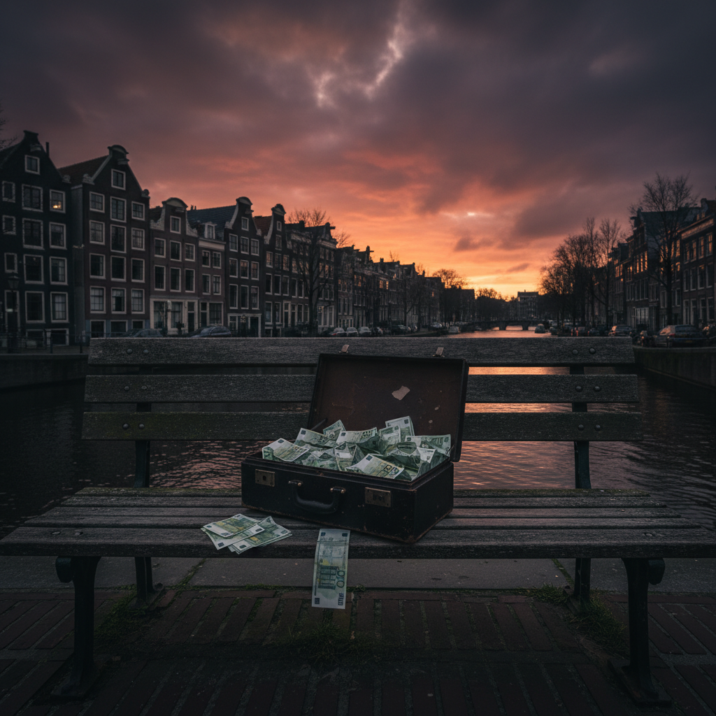 A park bench in Amsterdam with a briefcase filled with money, ominous atmosphere, sunset