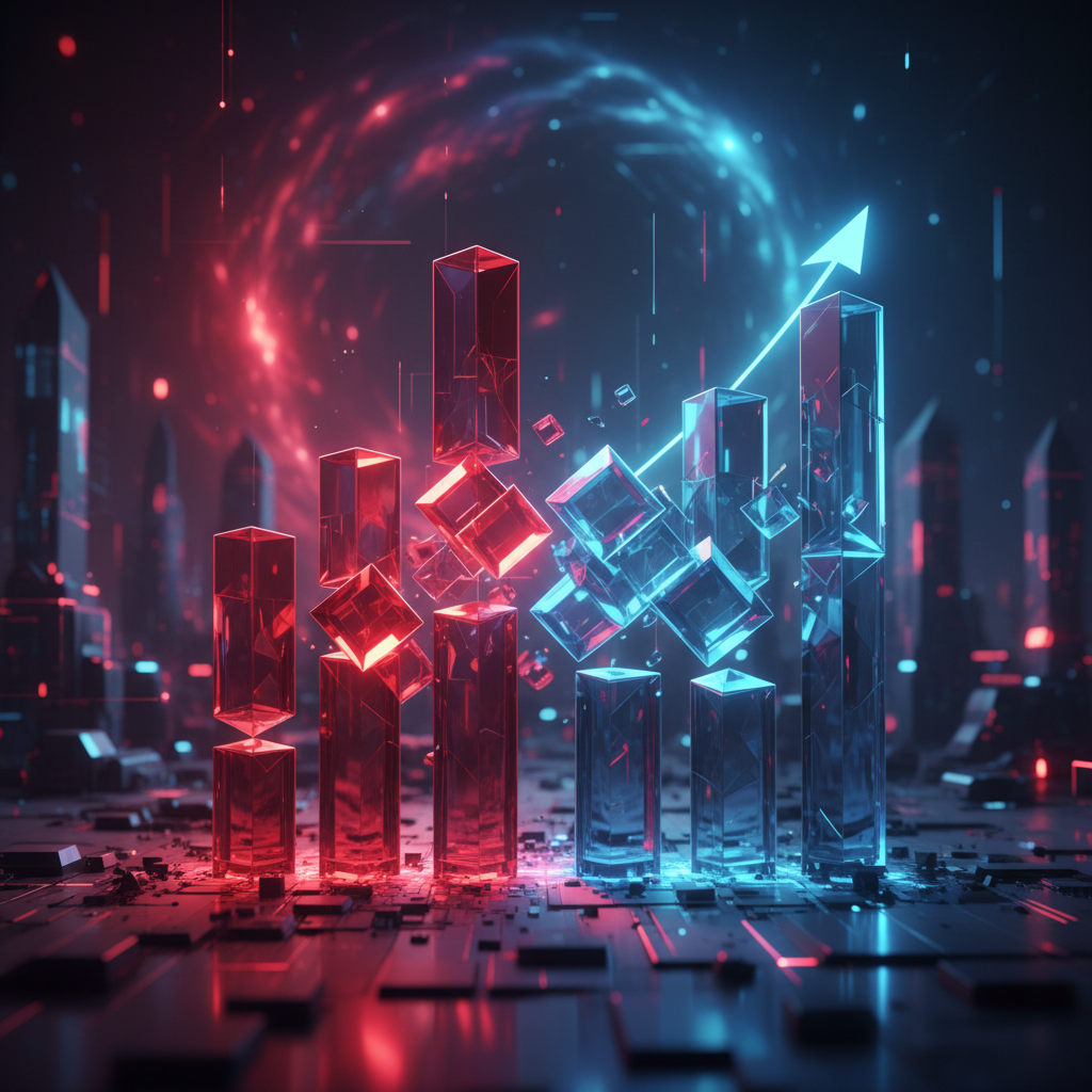 Abstract representation of market competition, stylized increasing bar charts made of blocks, red and blue lighting