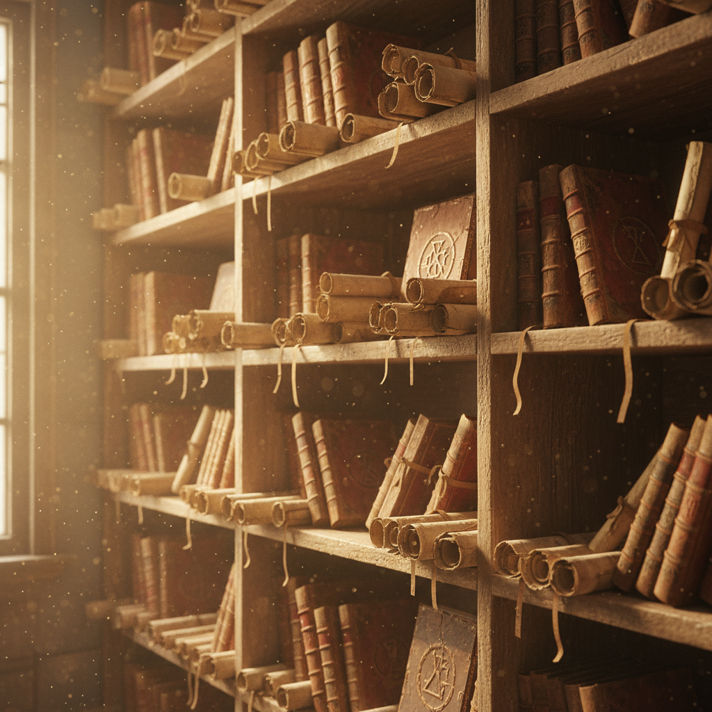 Library shelf with ancient scrolls and manuscripts, dust motes in light, academic mood