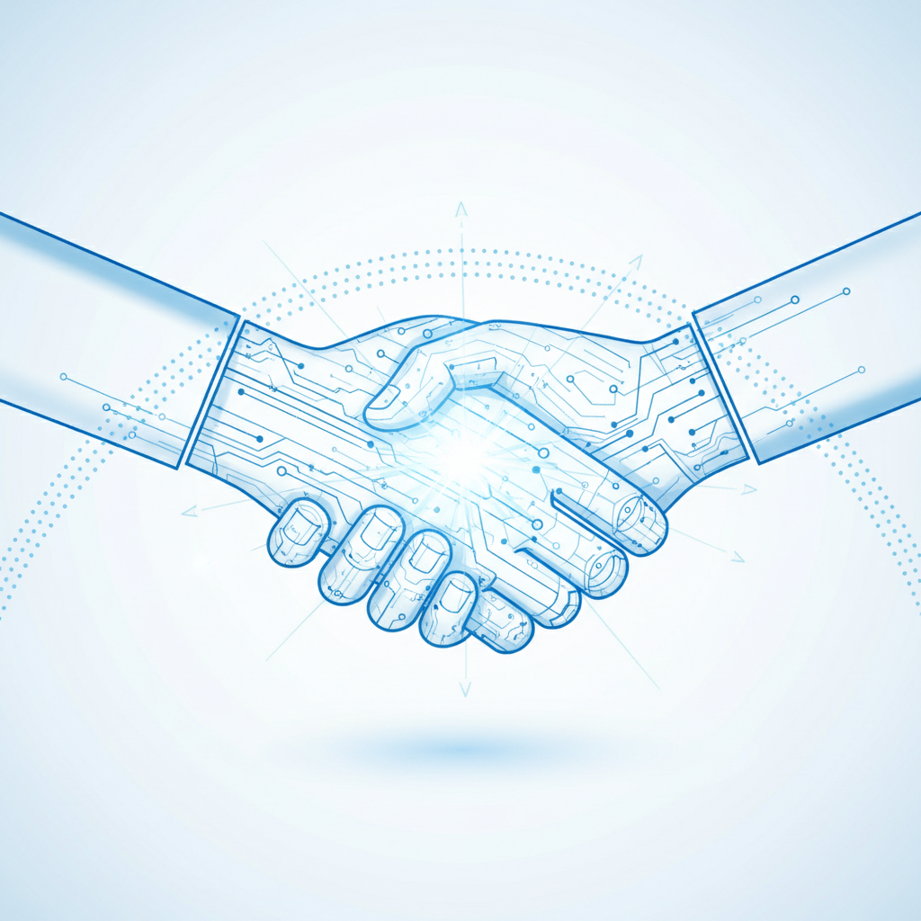 digital handshake or connection symbol, polite and professional business ending, blue and white