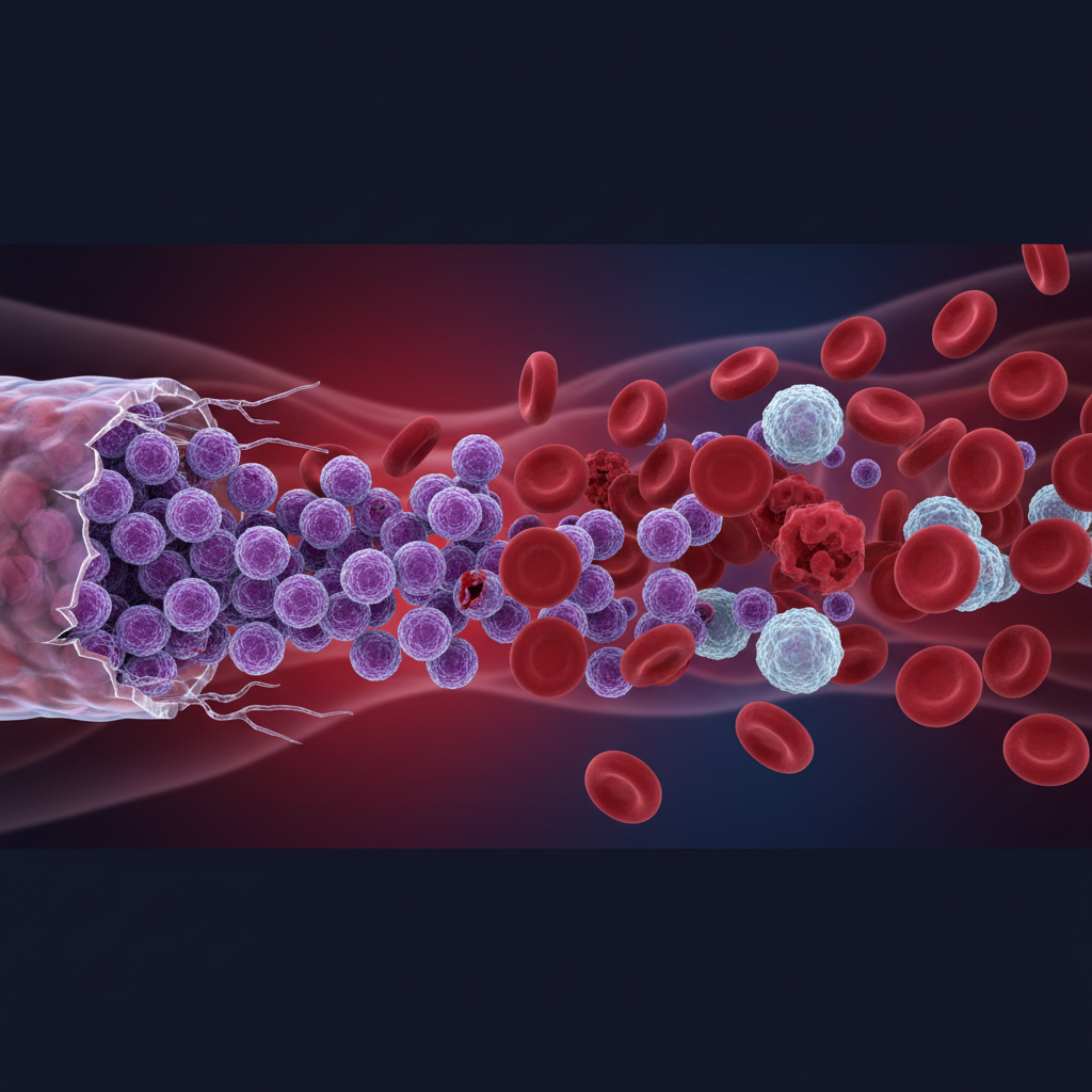 illustration of bacteria entering the bloodstream, red blood cells and cocci bacteria, danger concept