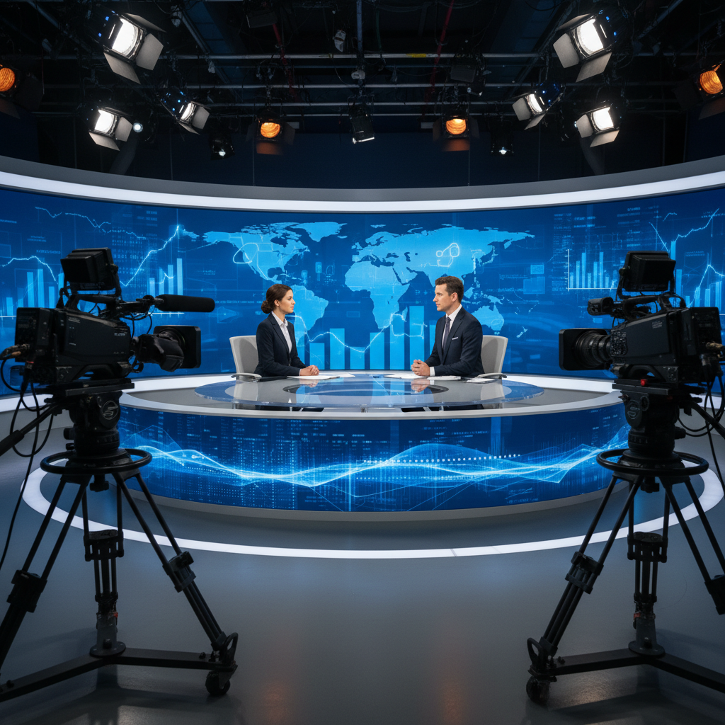 TV Studio interview setting, professional broadcasting cameras,