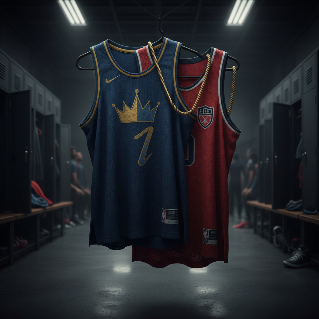 Abstract representation of sports nepotism, two basketball jerseys hanging together in locker
