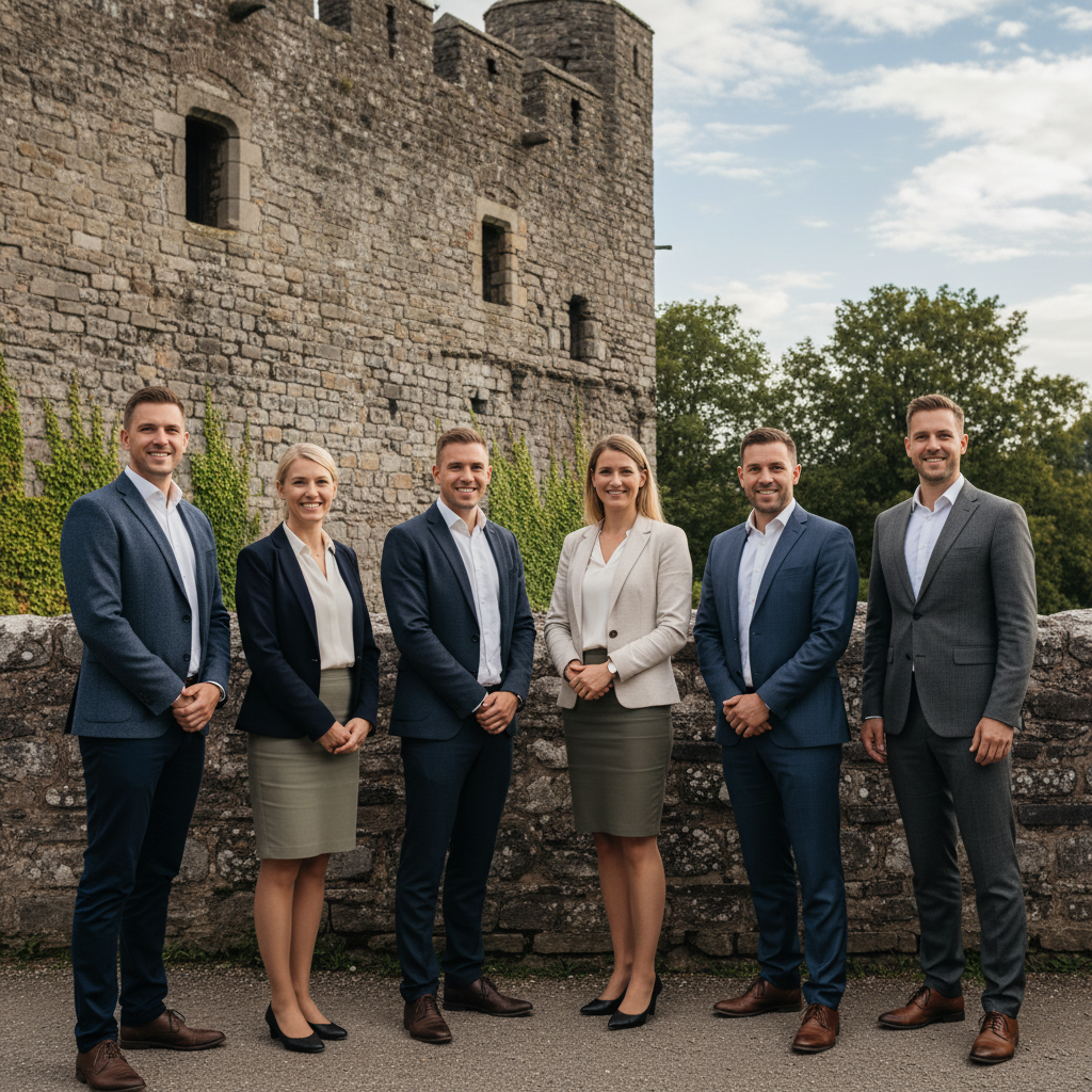 Professional team of museum curators and architects standing in front of a historic castle wall, smiling, business casual, high quality
