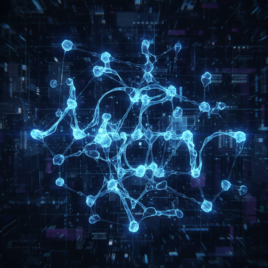 abstract visualization of neural networks processing language, nodes and connections, glowing blue light, hyperrealistic, high tech background