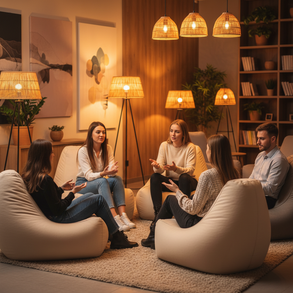 small group of people sitting in circle in comfortable bean bag chairs having a discussion, warm lighting