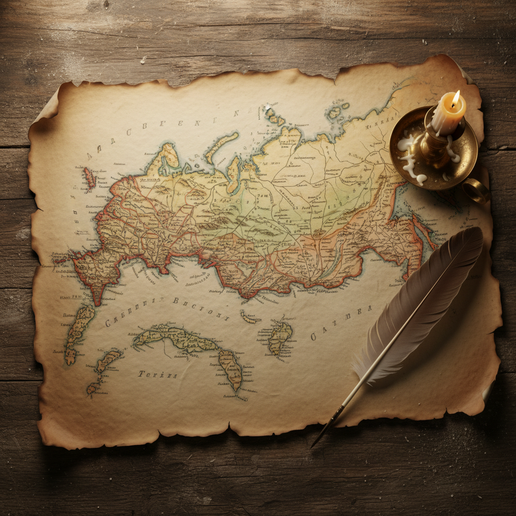 An old vintage map of the North-Western Krai of the Russian Empire lying on a wooden table next to a quill pen and candle, photorealistic