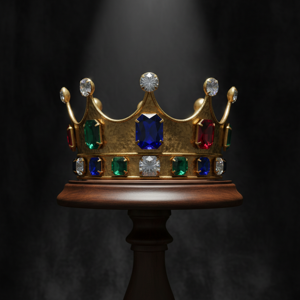 Highly detailed gold crown on a wooden stand, dramatic lighting, sharp focus on the jewels, 4k