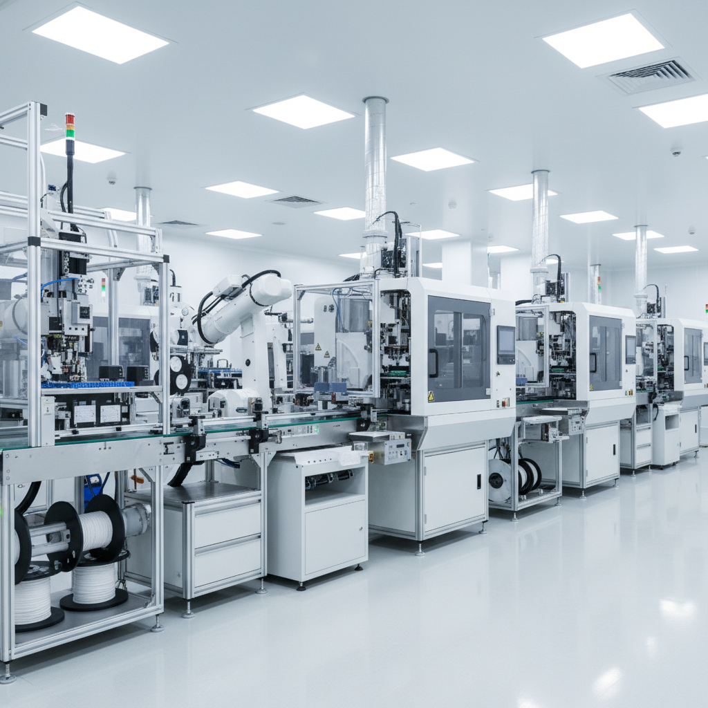 Wide shot of a modern automated SMT manufacturing assembly line in a cleanroom, sterile white environment, high machinery detail
