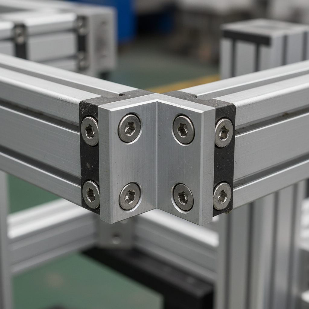 close up realistic photo of a 90 degree corner bracket mounted on aluminium profile with screws, industrial construction style