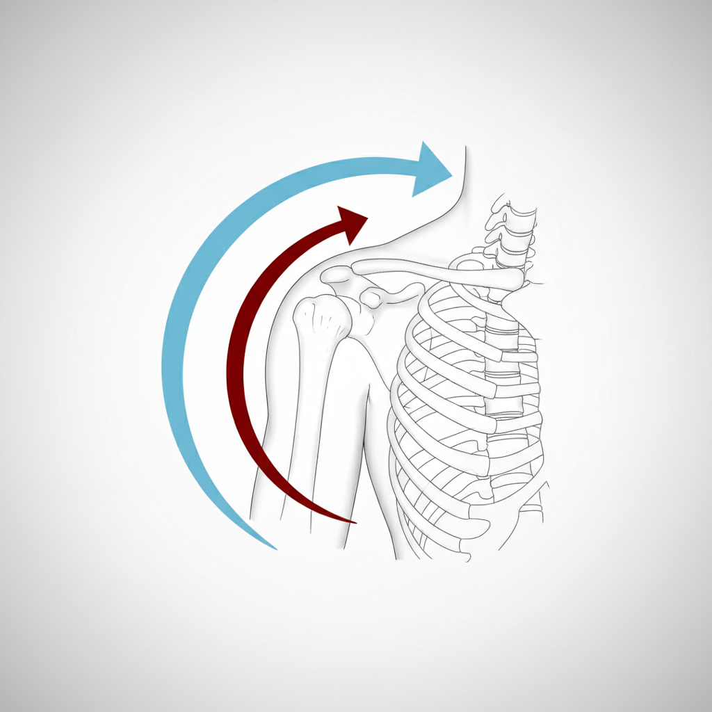 A diagram comparing a normal shoulder's full range of motion arc versus the restricted short arc of a frozen shoulder, schematic medical illustration, clear labels.