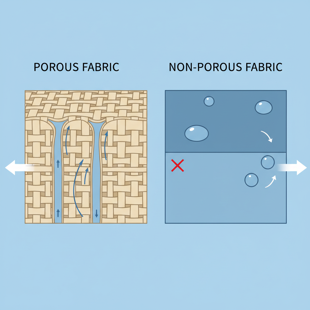 cross section diagram of porous fabric absorbing liquid vs non-porous repelling it, simple vector style