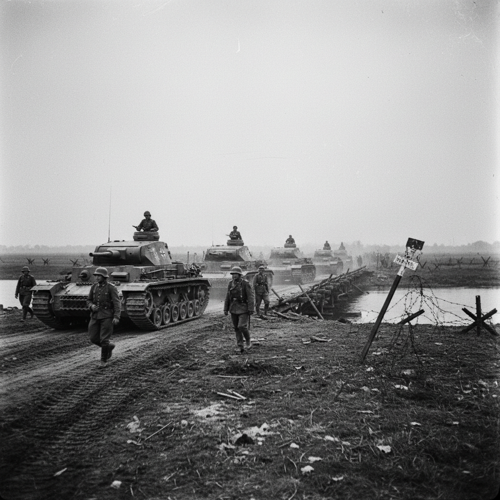 German tanks crossing the border into Poland in 1939, black and white historical style, gritty realism, wide shot