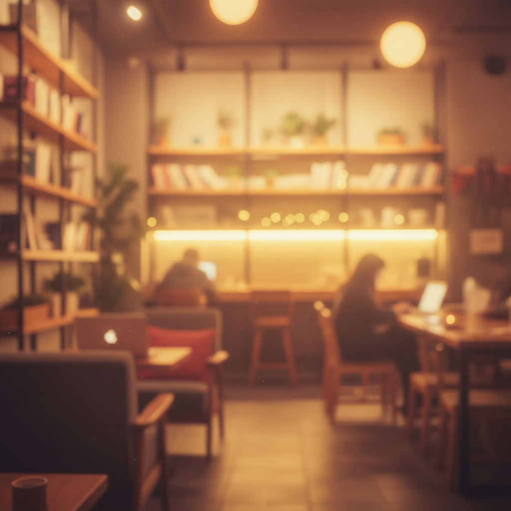 soft warm blurred background of a coffee shop workspace