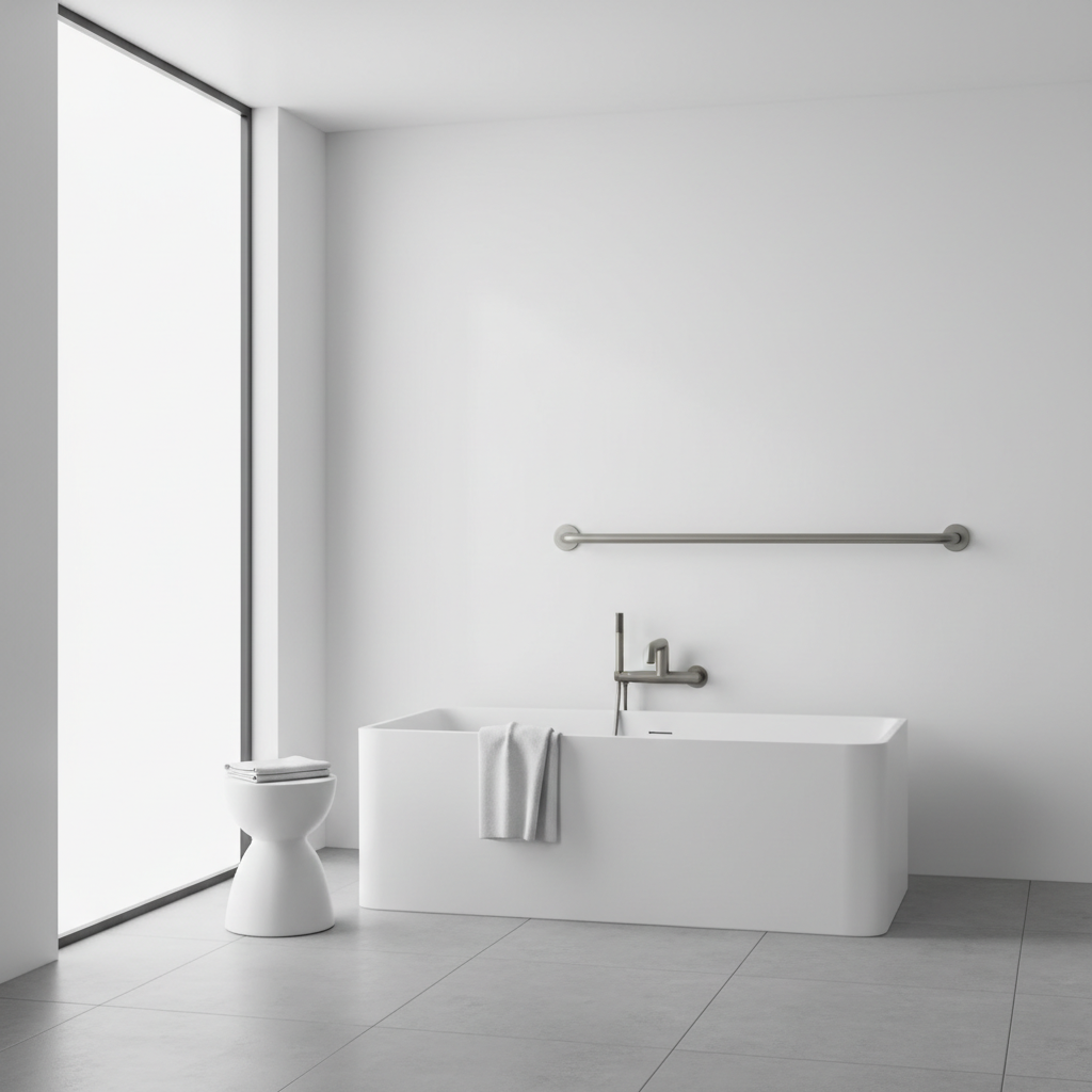A minimalist, modern bathroom interior with a sleek, matte aluminum grab bar that looks like a high-end towel rail, white walls, soft natural lighting, photorealistic, architectural digest style.