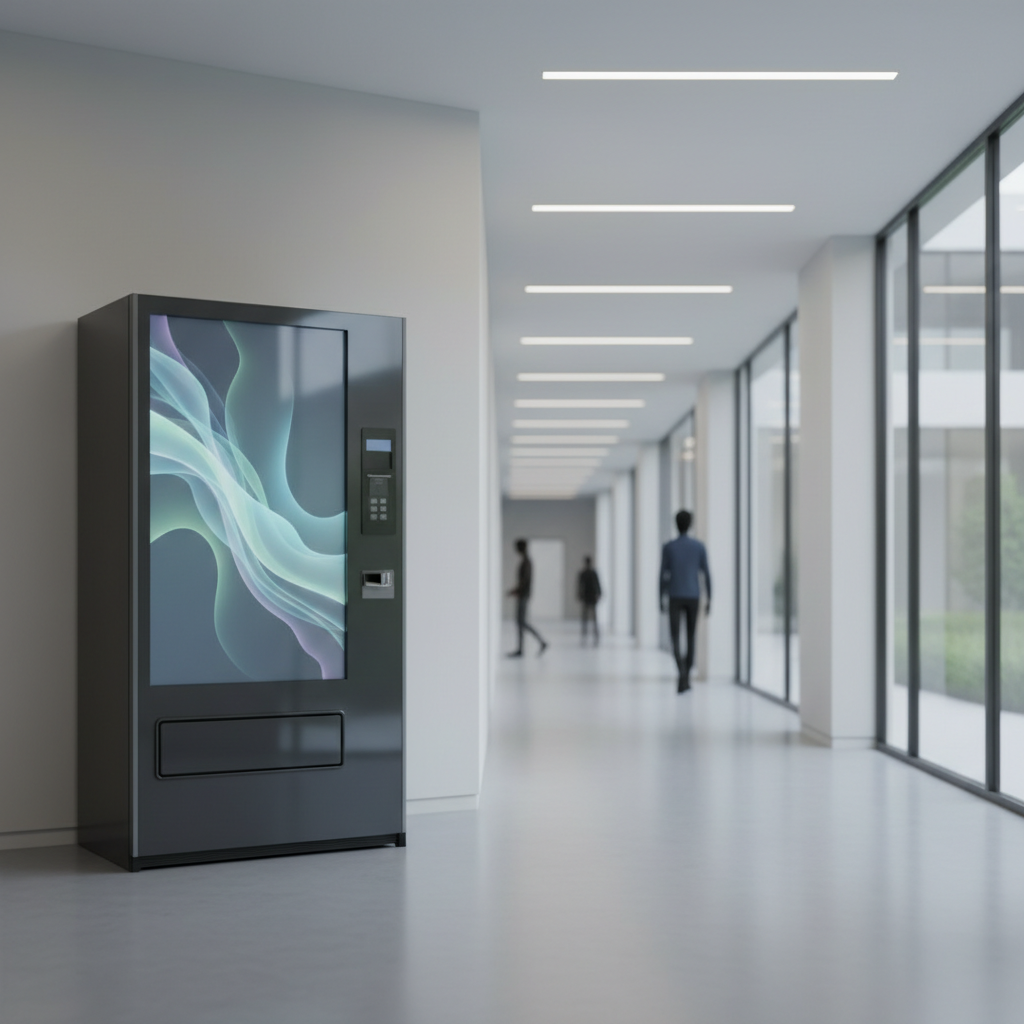 A modern, sleek digital vending machine standing in a clean university hallway, soft lighting, 3D render style