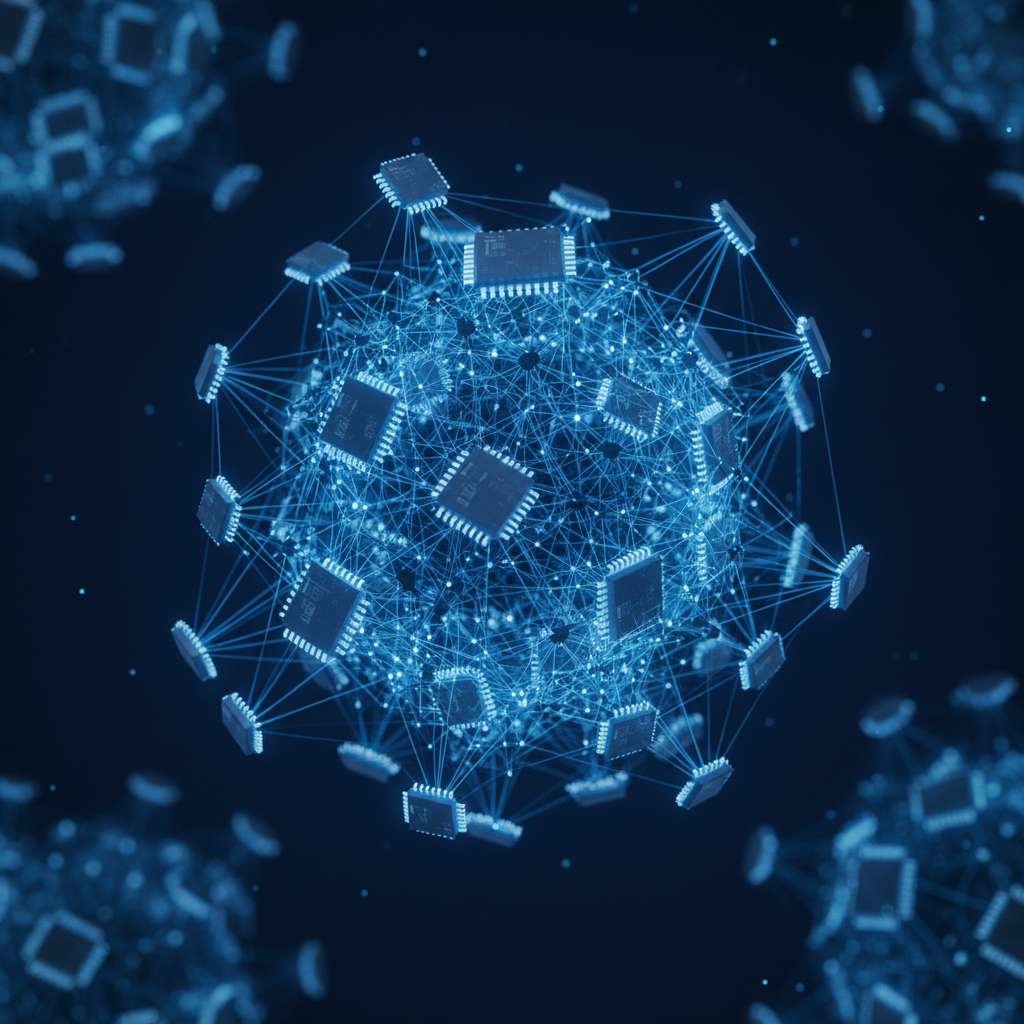 Abstract 3D network of glowing blue computer chips connected by lines in a mesh structure against a dark blue background, looking like a distributed system