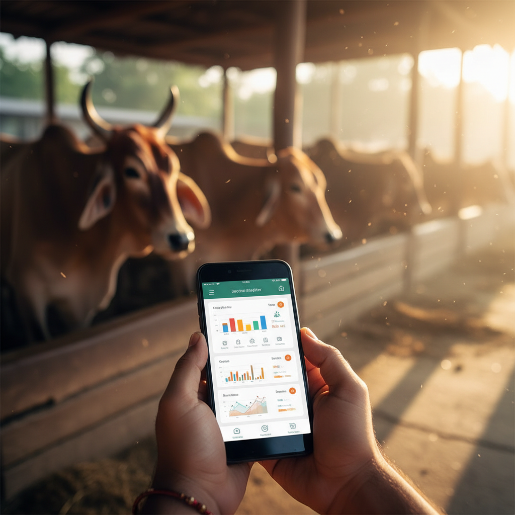 Close up of a person holding a smartphone showing a cow shelter app dashboard, with blurred indian cows in the background, warm sunlight, realistic photography, high quality 4k