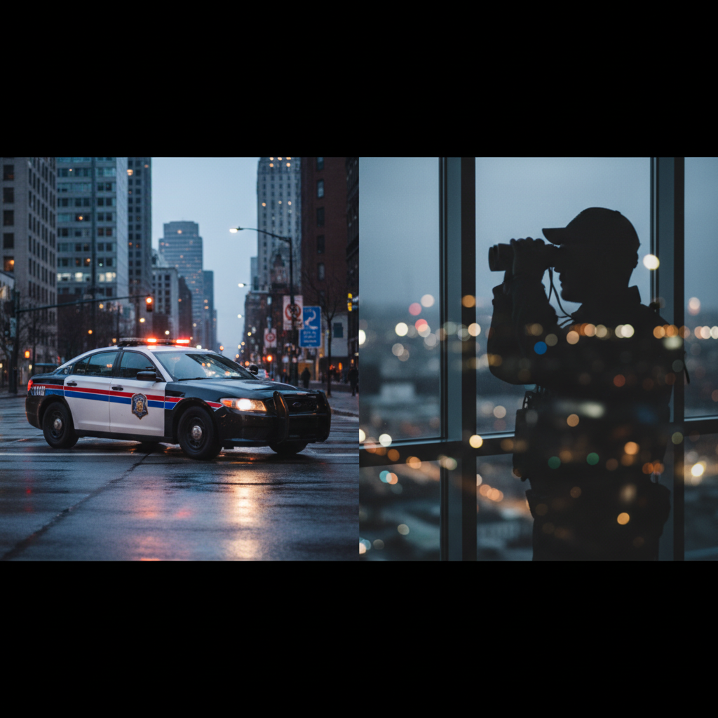 Split image composition: left side shows a marked police car driving visibly, right side shows a blurred silhouette of an officer doing surveillance, conceptual contrast, high quality