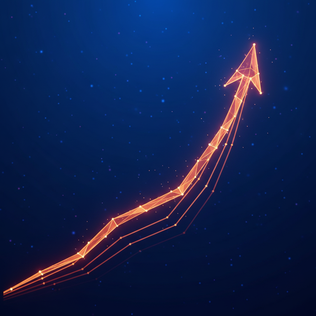 Upward trending graph made of glowing orange digital lines on a deep blue background, representing KPI growth