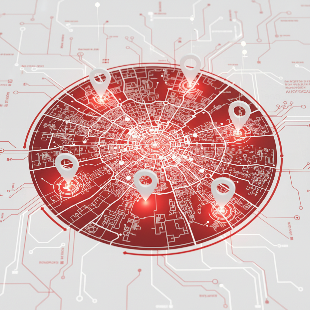 map of bangalore with pins dropping on different locations, stylized digital art, red and white color scheme