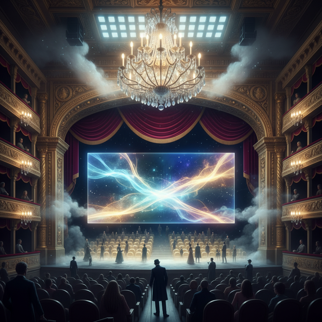 Conceptual art merging a 19th century theatre stage with a modern cinema screen, timeless connection, glowing ethereal light