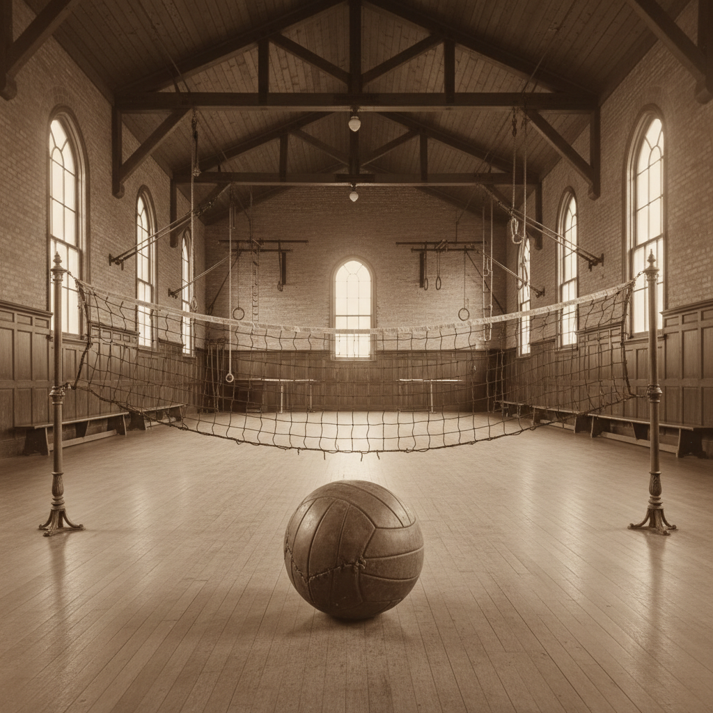 Vintage gymnasium 1895 style, leather volleyball ball, retro separation net, sepia tone