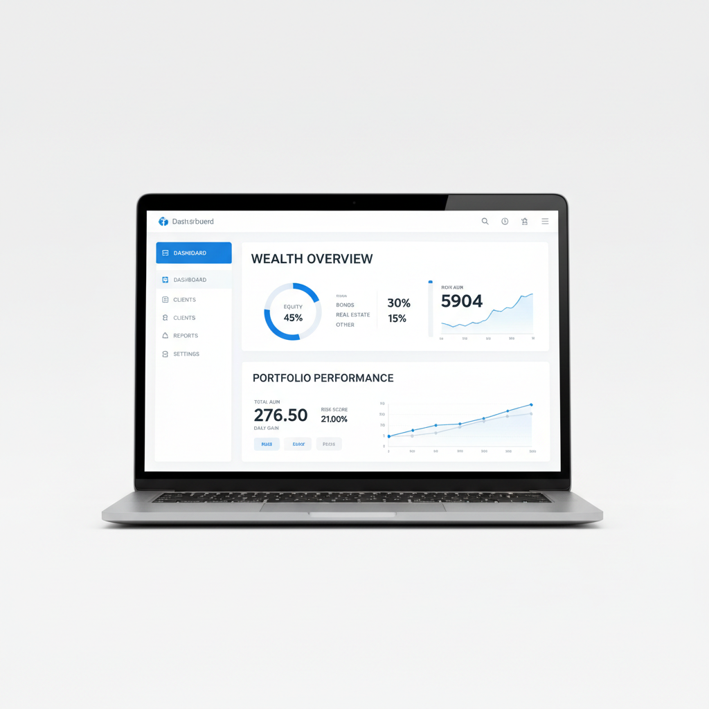 sleek B2B SaaS dashboard interface on a laptop screen, showing wealth management analytics, clean UI, white and blue color scheme, minimal design, white background studio shot